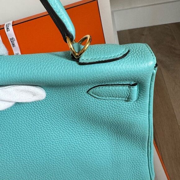 100% authentic Hermes Kelly 32 blue atoll Togo GHW stamp T - Picture 10 of 12